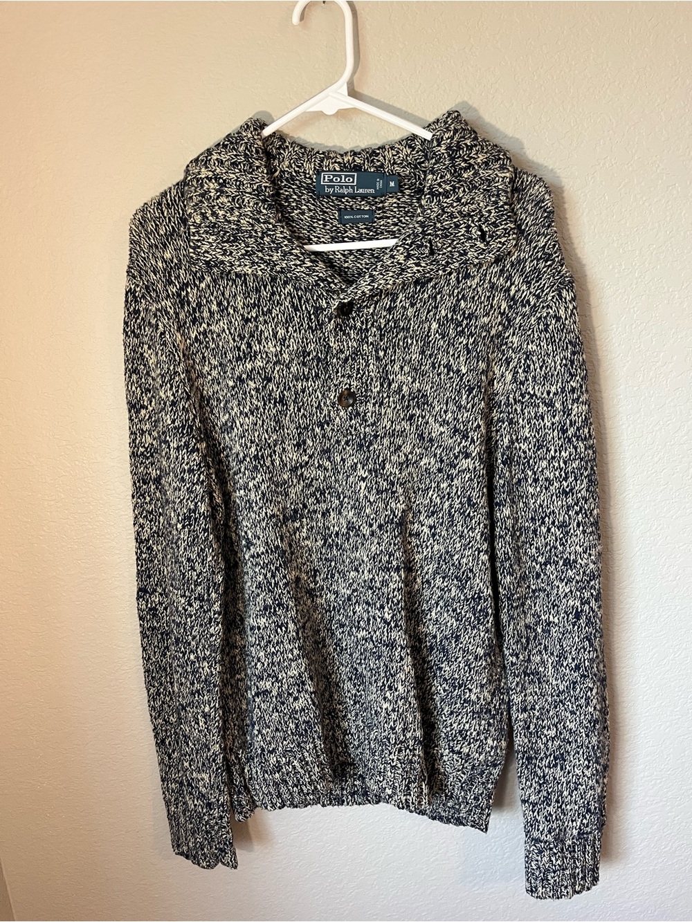 Polo Ralph Lauren Men’s M Marled Cotton Shawl Collar Sweater Navy Cream